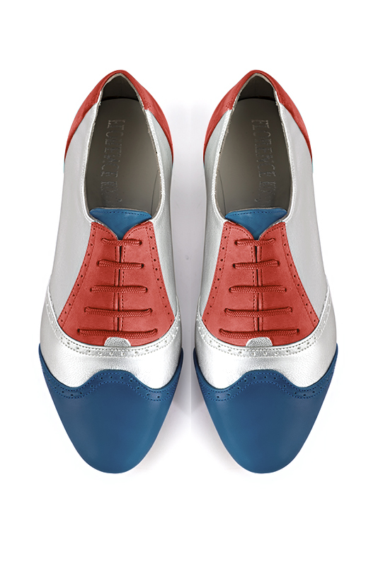 Denim blue, light silver and scarlet red women's fashion lace-up shoes.. Top view - Florence KOOIJMAN